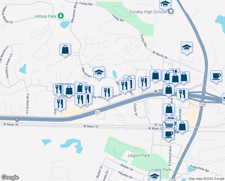 map of restaurants, bars, coffee shops, grocery stores, and more near 555 West 5th Street in Eureka