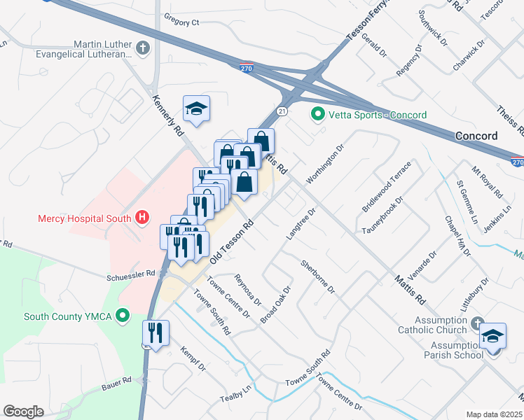 map of restaurants, bars, coffee shops, grocery stores, and more near 12567 Old Tesson Road in Saint Louis