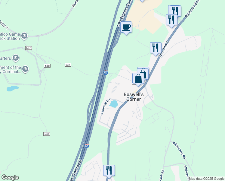 map of restaurants, bars, coffee shops, grocery stores, and more near 204 Hillside Court in Stafford