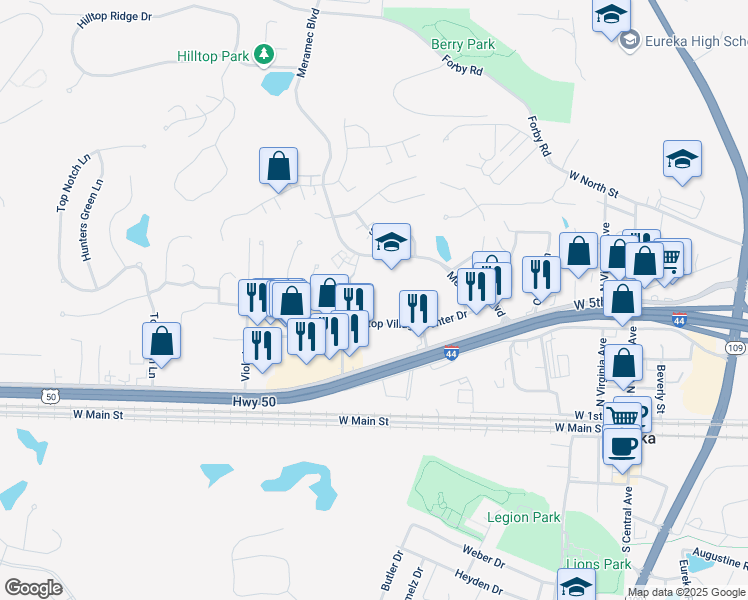 map of restaurants, bars, coffee shops, grocery stores, and more near 22 Hilltop Village Center Drive in Eureka