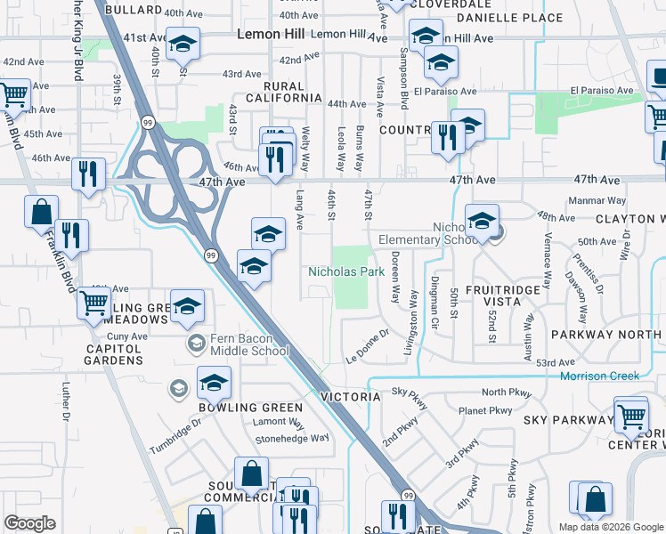 map of restaurants, bars, coffee shops, grocery stores, and more near 46th Street in Sacramento