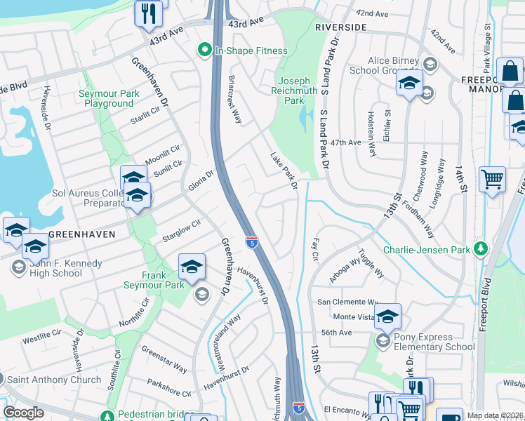map of restaurants, bars, coffee shops, grocery stores, and more near 6567 Heatherwood Way in Sacramento