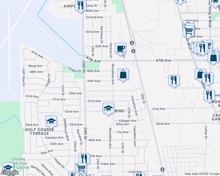 map of restaurants, bars, coffee shops, grocery stores, and more near 6602 Woodbine Avenue in Sacramento