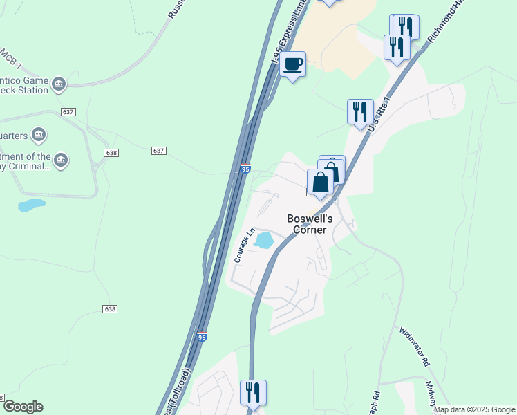map of restaurants, bars, coffee shops, grocery stores, and more near 204 Hillside Court in Stafford