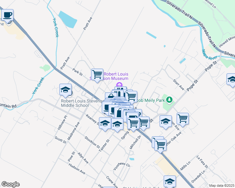 map of restaurants, bars, coffee shops, grocery stores, and more near 1475 Library Lane in Saint Helena