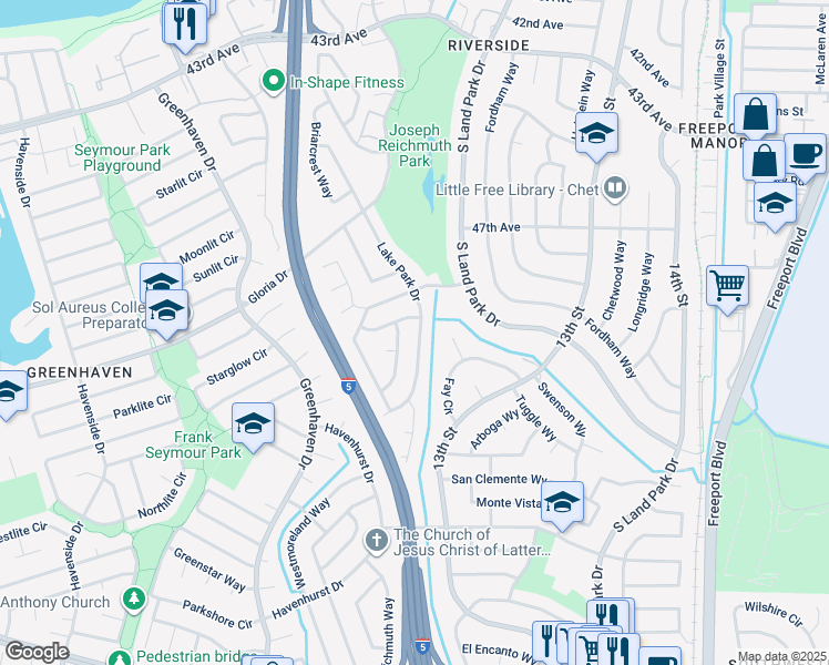 map of restaurants, bars, coffee shops, grocery stores, and more near 1116 Silver Lake Drive in Sacramento