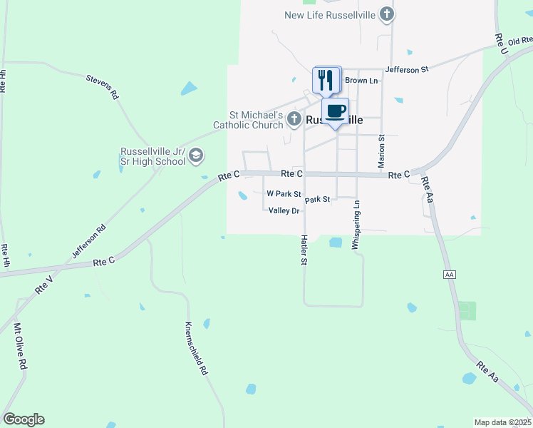 map of restaurants, bars, coffee shops, grocery stores, and more near 13327 Valley Drive in Russellville