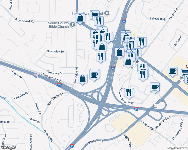 map of restaurants, bars, coffee shops, grocery stores, and more near 4250 Rusty Road in Saint Louis