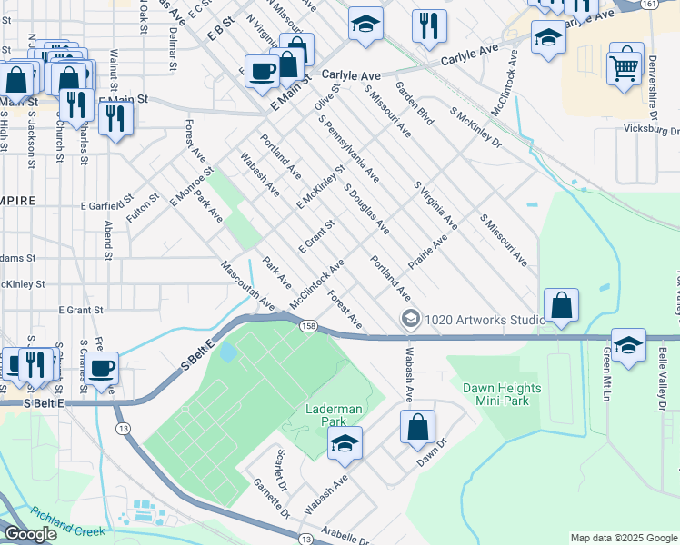 map of restaurants, bars, coffee shops, grocery stores, and more near 515 Wabash Avenue in Belleville