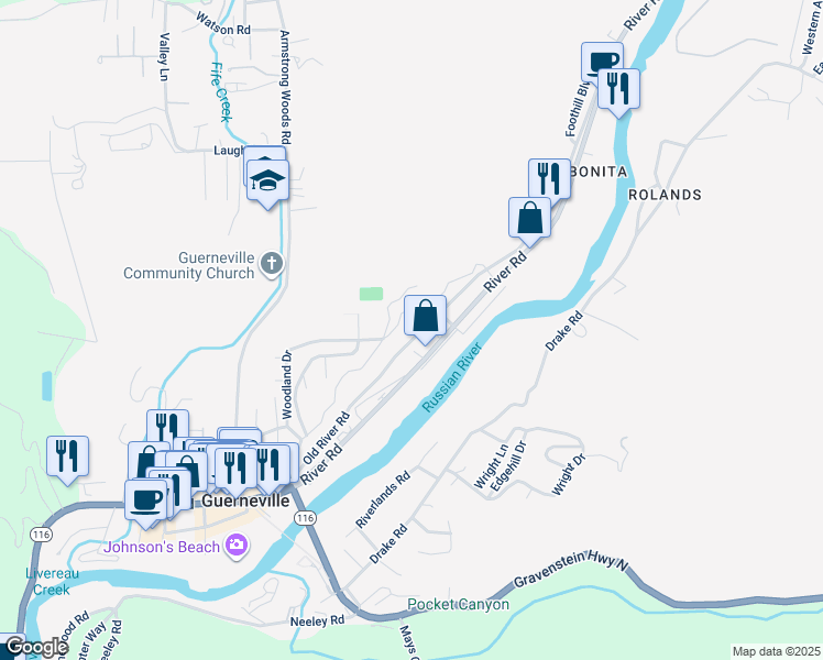 map of restaurants, bars, coffee shops, grocery stores, and more near 15650 Old River Road in Guerneville