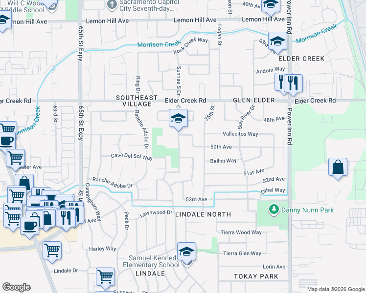 map of restaurants, bars, coffee shops, grocery stores, and more near 7430 50th Avenue in Sacramento