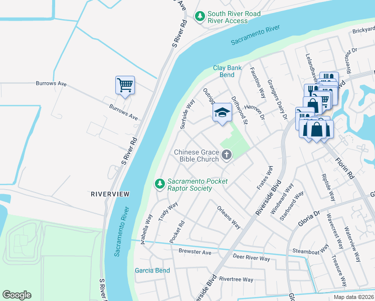 map of restaurants, bars, coffee shops, grocery stores, and more near 6532 Surfside Way in Sacramento