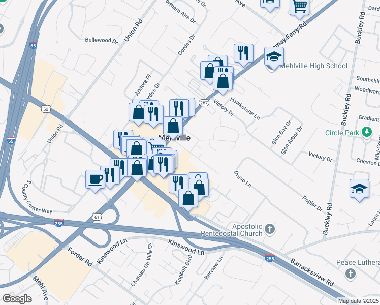 map of restaurants, bars, coffee shops, grocery stores, and more near 3470 Evergreen Lane in St. Louis