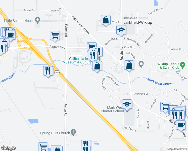 map of restaurants, bars, coffee shops, grocery stores, and more near 87 Hop Ranch Road in Santa Rosa