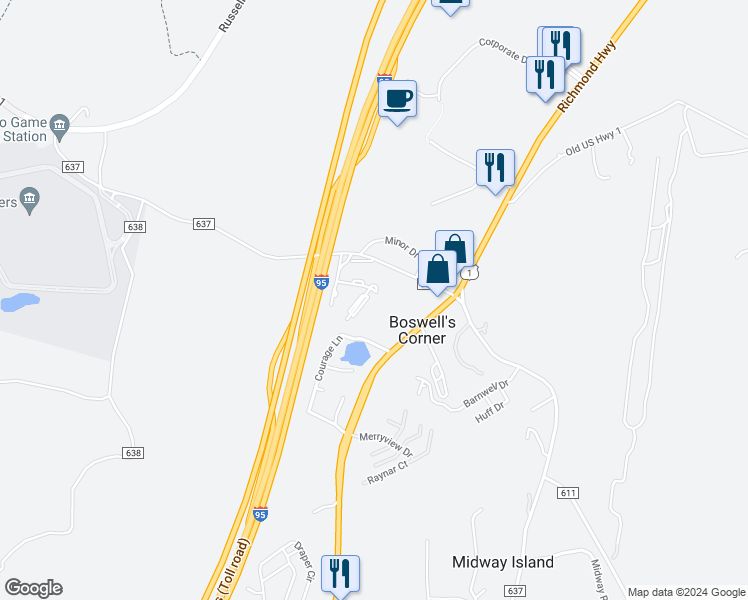 map of restaurants, bars, coffee shops, grocery stores, and more near 103 Hillside Court in Stafford
