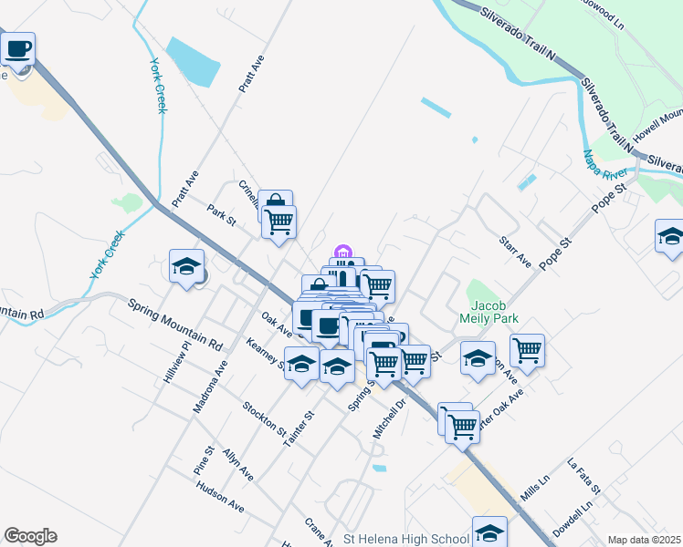 map of restaurants, bars, coffee shops, grocery stores, and more near 1475 Library Lane in Saint Helena