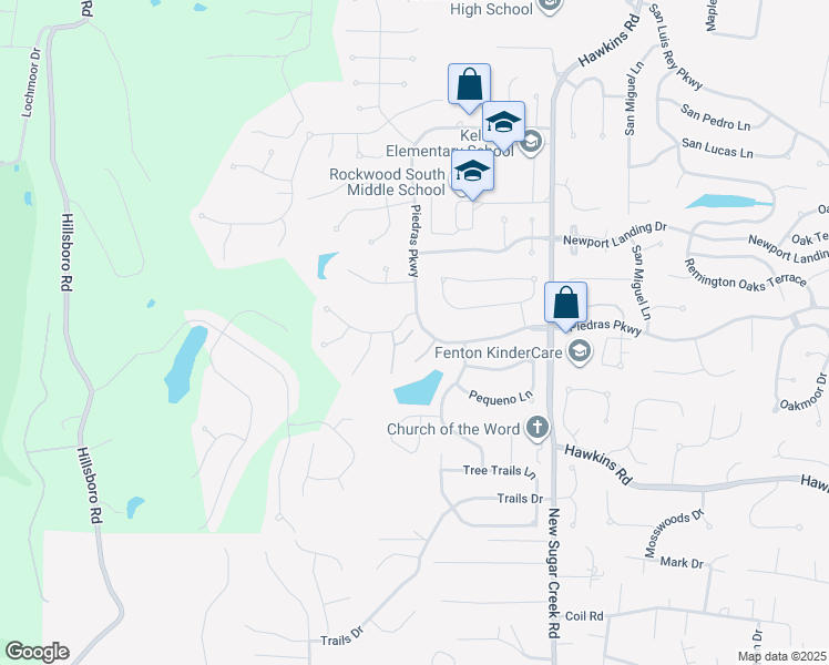 map of restaurants, bars, coffee shops, grocery stores, and more near 1293 Piedras Parkway in Fenton