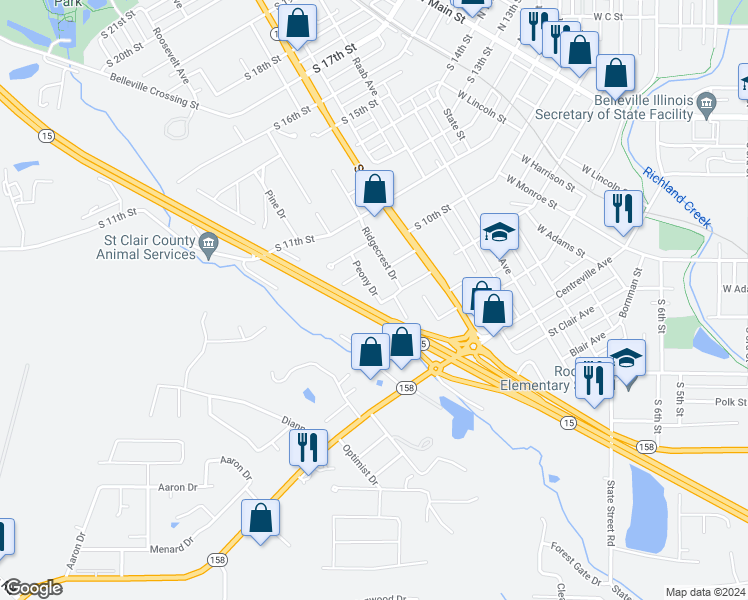 map of restaurants, bars, coffee shops, grocery stores, and more near 901 Peony Drive in Belleville