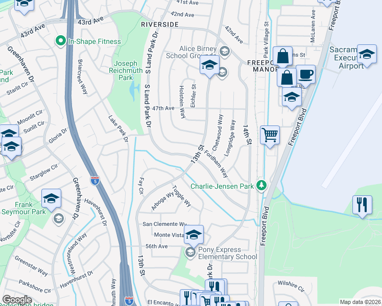 map of restaurants, bars, coffee shops, grocery stores, and more near 6556 Fordham Way in Sacramento