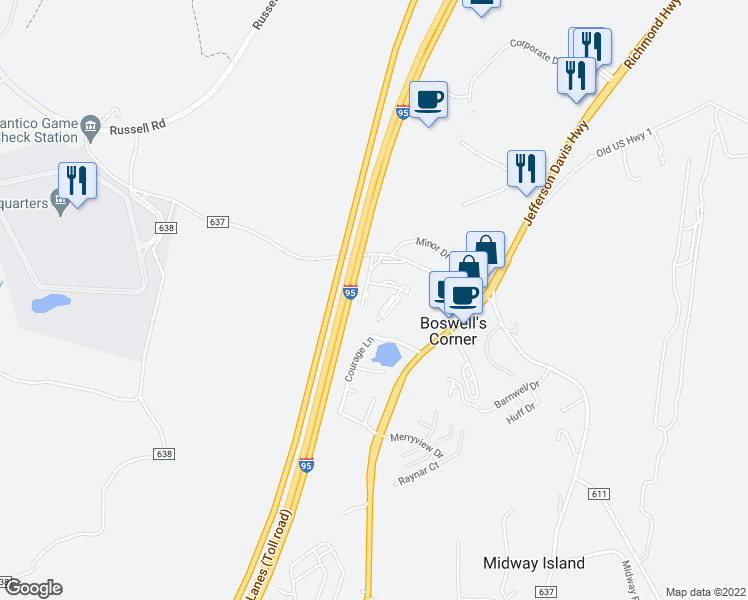 map of restaurants, bars, coffee shops, grocery stores, and more near 102 Mount Perry Drive in Stafford