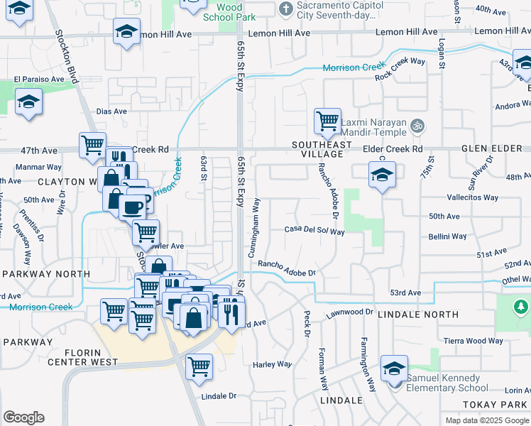 map of restaurants, bars, coffee shops, grocery stores, and more near 7 Casa Del Este Court in Sacramento