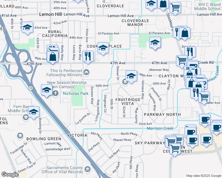 map of restaurants, bars, coffee shops, grocery stores, and more near 5040 50th Avenue in Sacramento