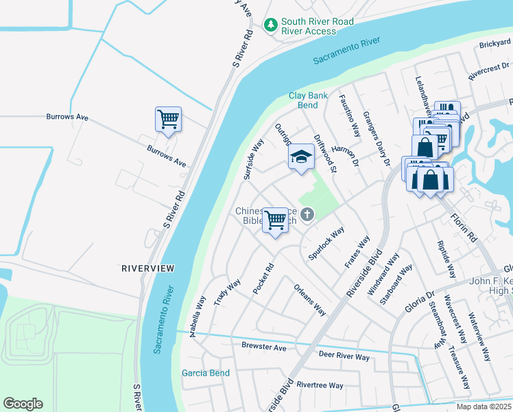 map of restaurants, bars, coffee shops, grocery stores, and more near 6532 Surfside Way in Sacramento