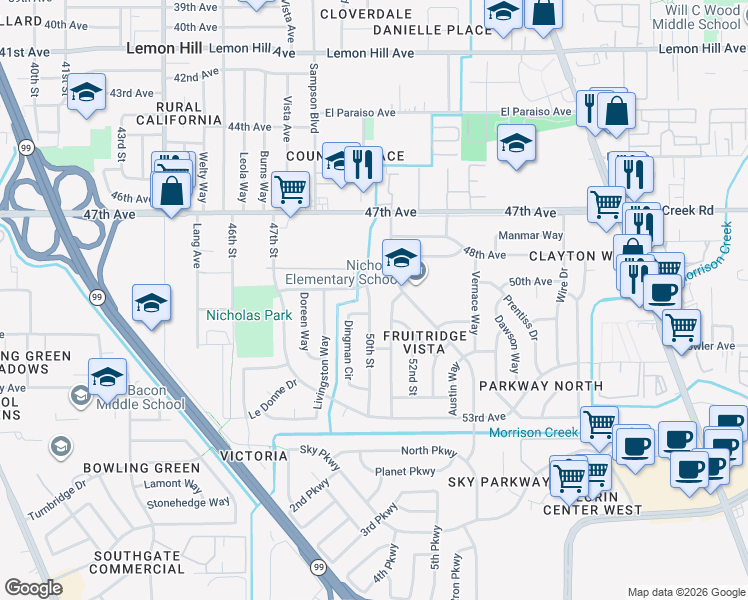 map of restaurants, bars, coffee shops, grocery stores, and more near 6611 50th Street in Sacramento