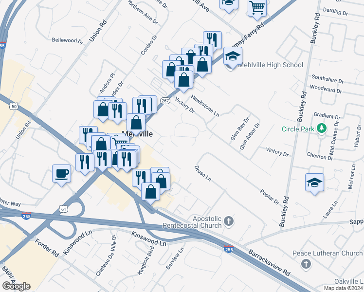 map of restaurants, bars, coffee shops, grocery stores, and more near 1247 Covington Manor Lane in Mehlville