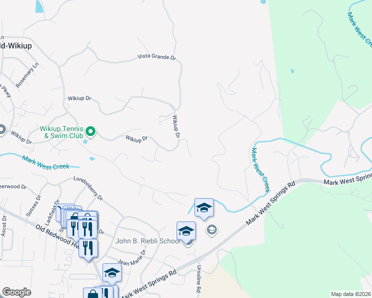 map of restaurants, bars, coffee shops, grocery stores, and more near 1064 Wikiup Drive in Santa Rosa