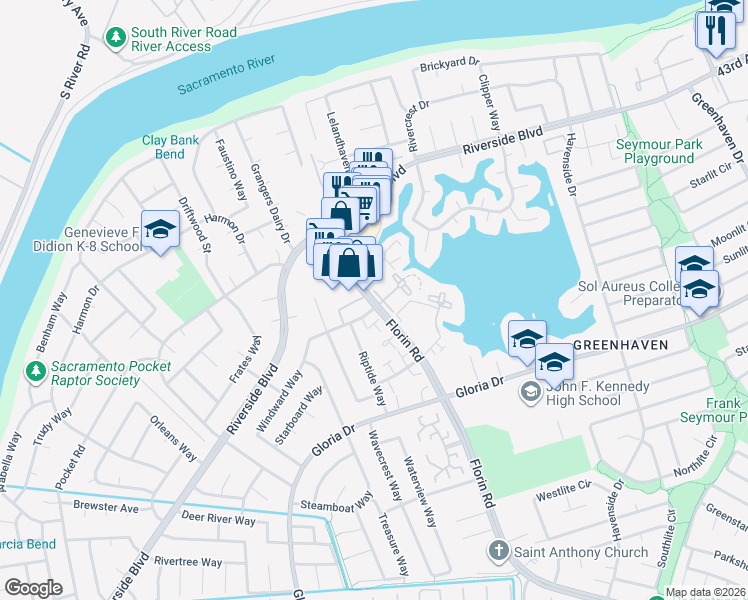 map of restaurants, bars, coffee shops, grocery stores, and more near 385 Florin Road in Sacramento