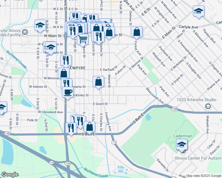 map of restaurants, bars, coffee shops, grocery stores, and more near 606 Abend Street in Belleville
