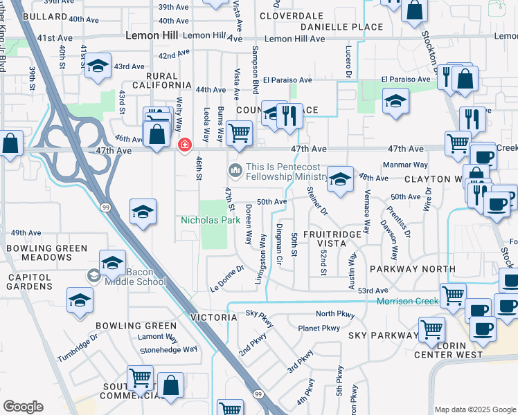 map of restaurants, bars, coffee shops, grocery stores, and more near 4719 50th Avenue in Sacramento