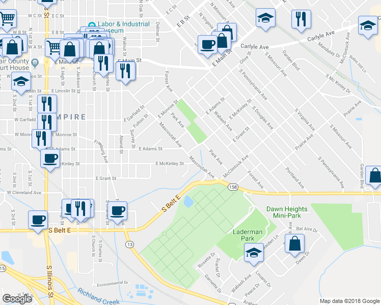 map of restaurants, bars, coffee shops, grocery stores, and more near 910 East McKinley Street in Belleville