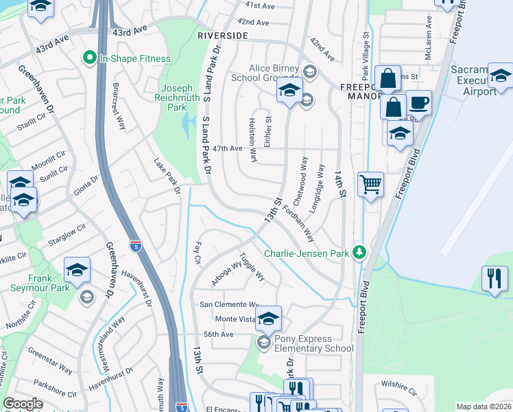 map of restaurants, bars, coffee shops, grocery stores, and more near 6556 Fordham Way in Sacramento