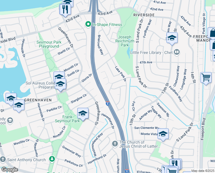map of restaurants, bars, coffee shops, grocery stores, and more near 1084 Silver Lake Drive in Sacramento