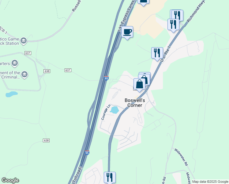 map of restaurants, bars, coffee shops, grocery stores, and more near 106 Hillside Court in Stafford