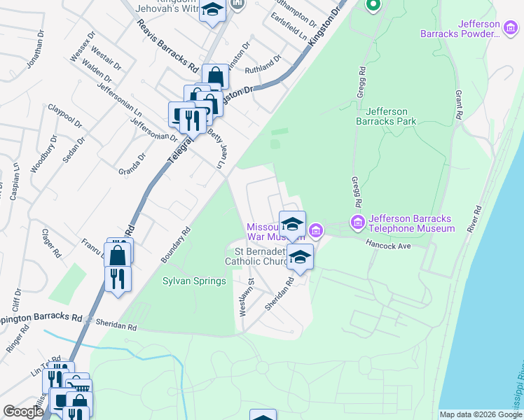 map of restaurants, bars, coffee shops, grocery stores, and more near 333 Tuckahoe Drive in St. Louis
