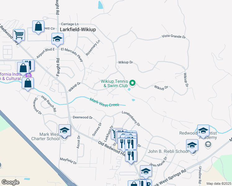 map of restaurants, bars, coffee shops, grocery stores, and more near 442 Las Casitas Court in Santa Rosa