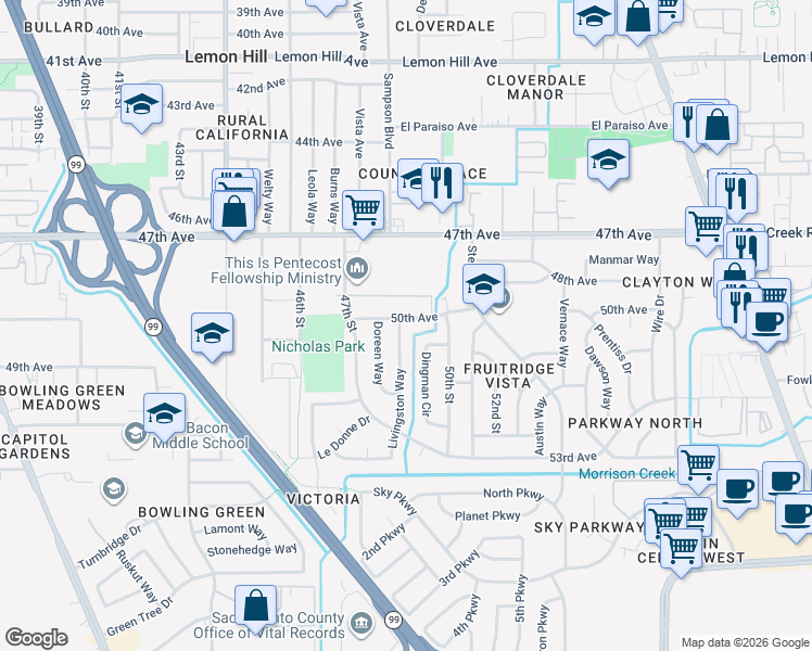 map of restaurants, bars, coffee shops, grocery stores, and more near 4300 Livingston Way in Sacramento