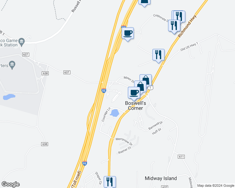 map of restaurants, bars, coffee shops, grocery stores, and more near 106 Hillside Court in Stafford