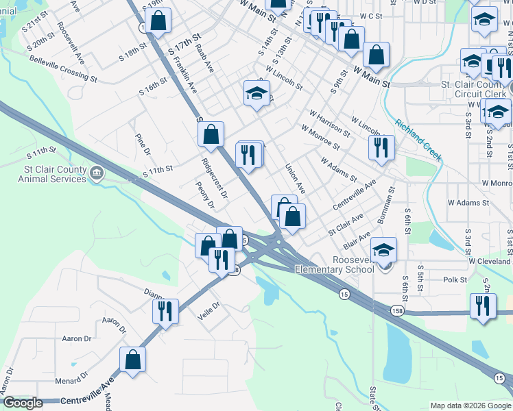 map of restaurants, bars, coffee shops, grocery stores, and more near 904 South Belt West in Belleville