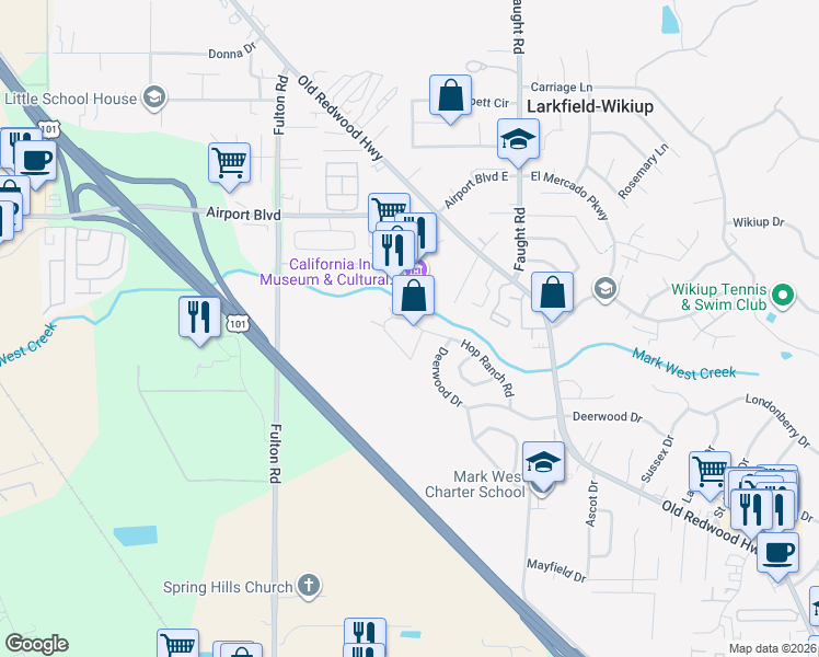 map of restaurants, bars, coffee shops, grocery stores, and more near 87 Hop Ranch Road in Santa Rosa