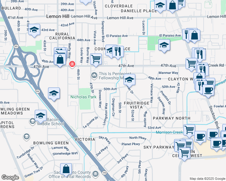 map of restaurants, bars, coffee shops, grocery stores, and more near 4826 50th Avenue in Sacramento