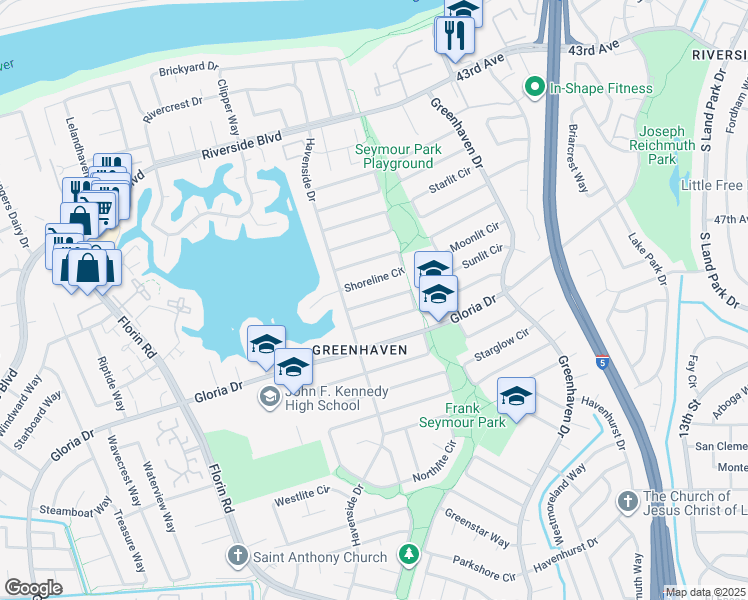 map of restaurants, bars, coffee shops, grocery stores, and more near 71 Shoreline Circle in Sacramento