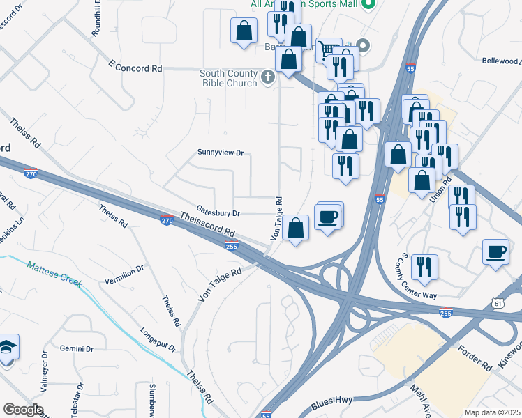 map of restaurants, bars, coffee shops, grocery stores, and more near 4600 Fieldbrook Terrace in St. Louis