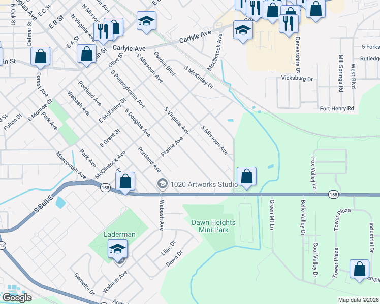 map of restaurants, bars, coffee shops, grocery stores, and more near 611 South Virginia Avenue in Belleville
