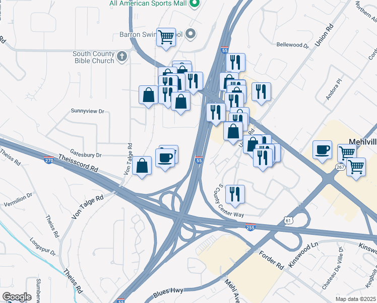 map of restaurants, bars, coffee shops, grocery stores, and more near 4200 Rusty Road in St. Louis