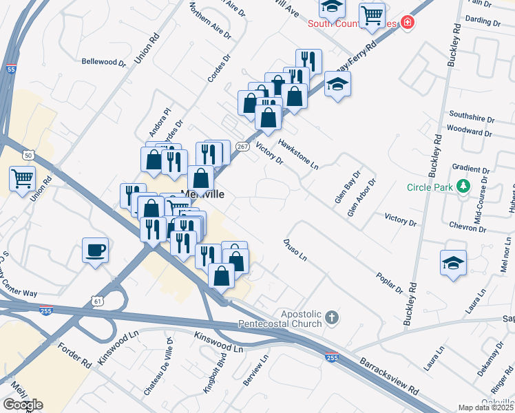 map of restaurants, bars, coffee shops, grocery stores, and more near 1247 Covington Manor Lane in Mehlville