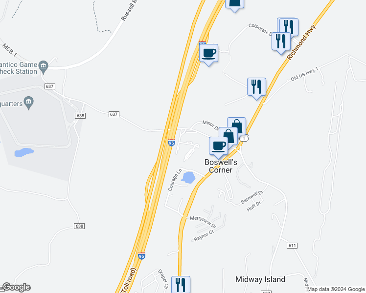 map of restaurants, bars, coffee shops, grocery stores, and more near 112 Mount Perry Drive in Stafford